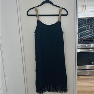 L'Vow Women Black Fringe Flapper Gatsby Cocktail Dress with Gold Straps | S